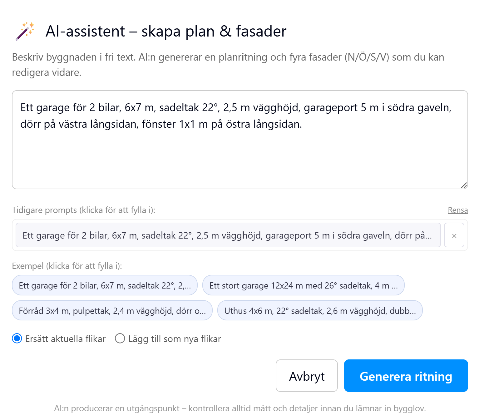 AI-assistentens dialogruta i Husritning där en garagebeskrivning skrivs in